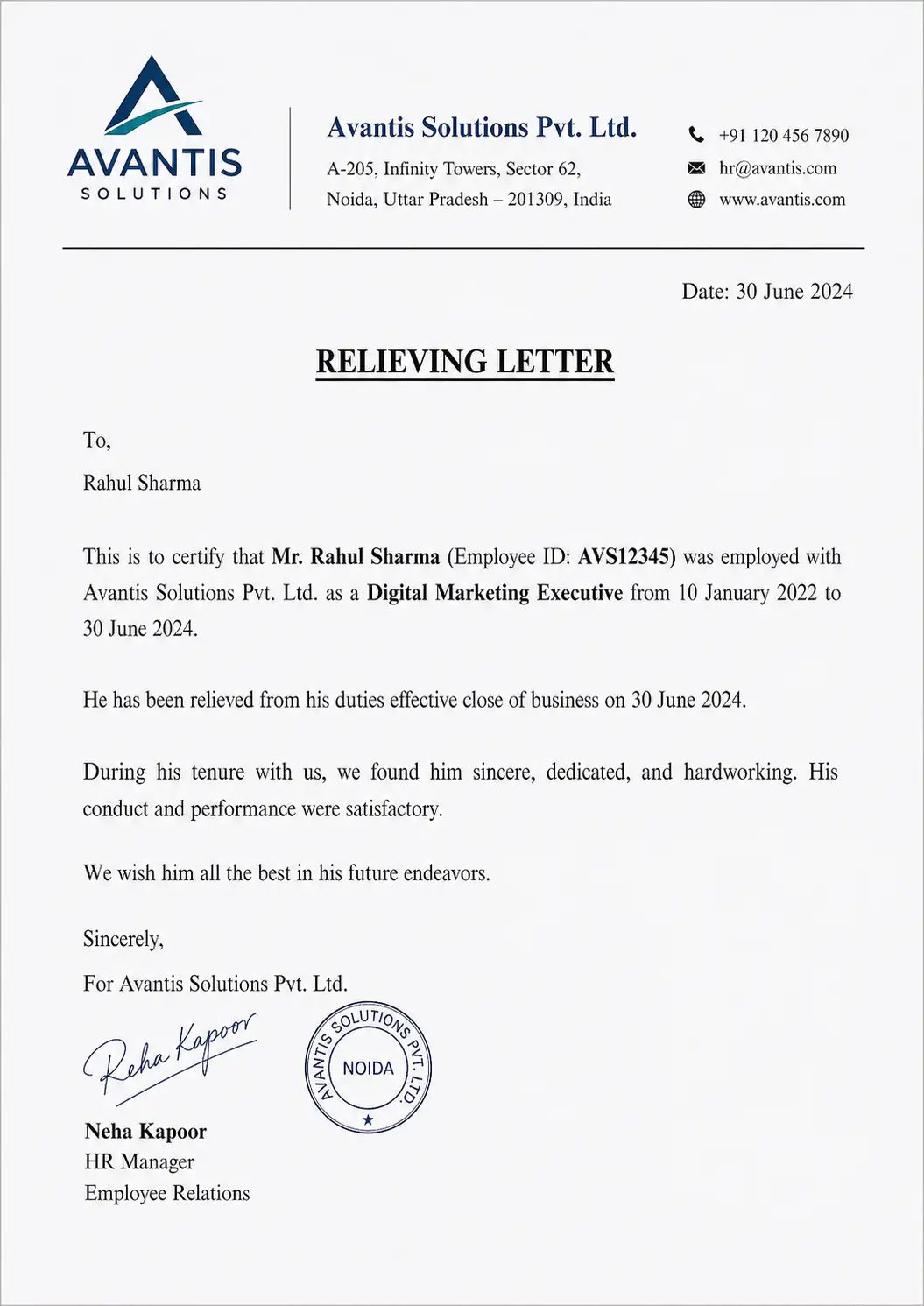 Sample Relieving Letter